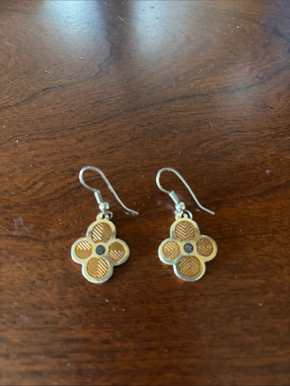 Gold-Tone Clover Drop Earrings with Textured Inlay